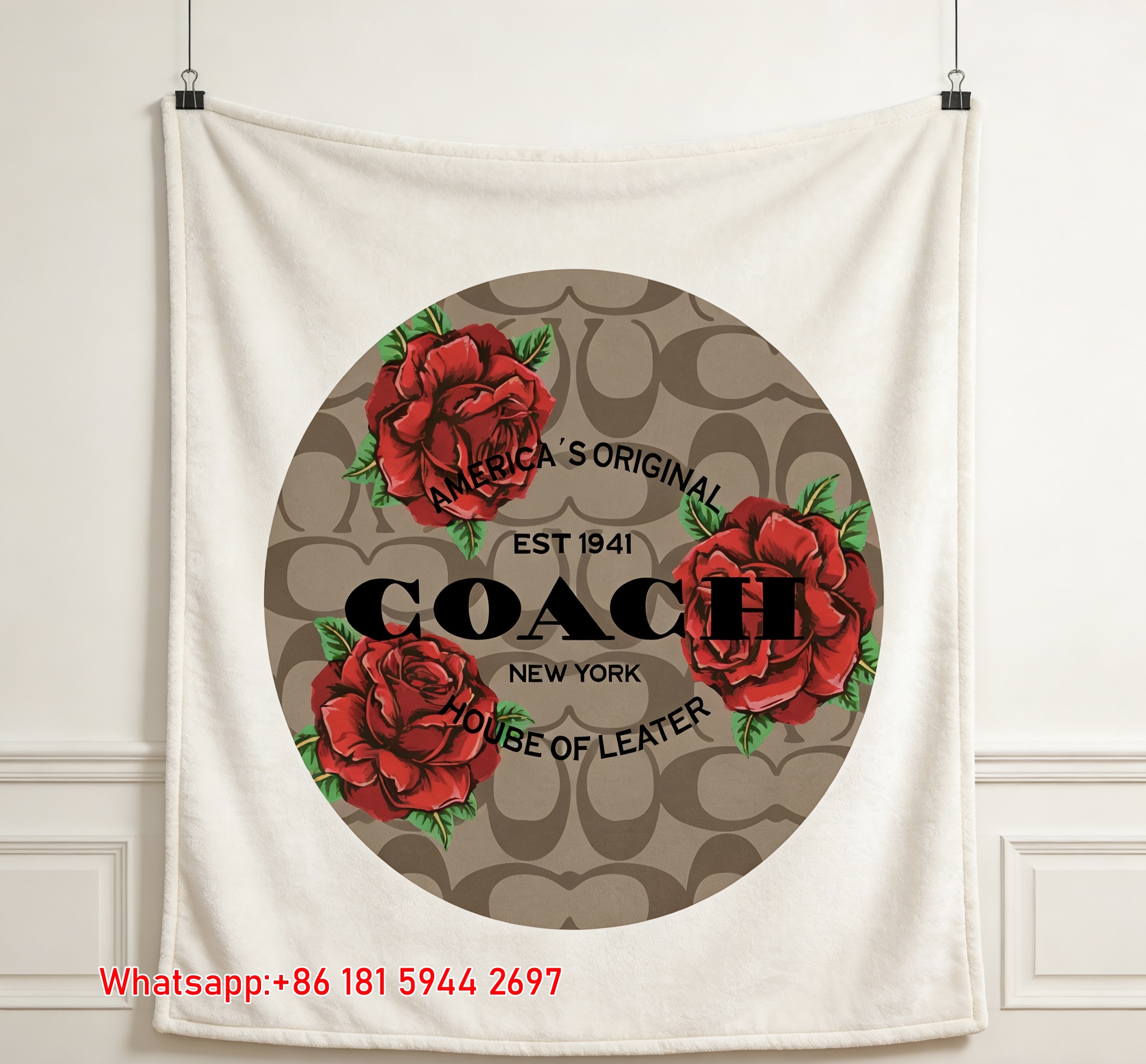 Coach Red Rose Monogram Flannel Throw Blanket C019